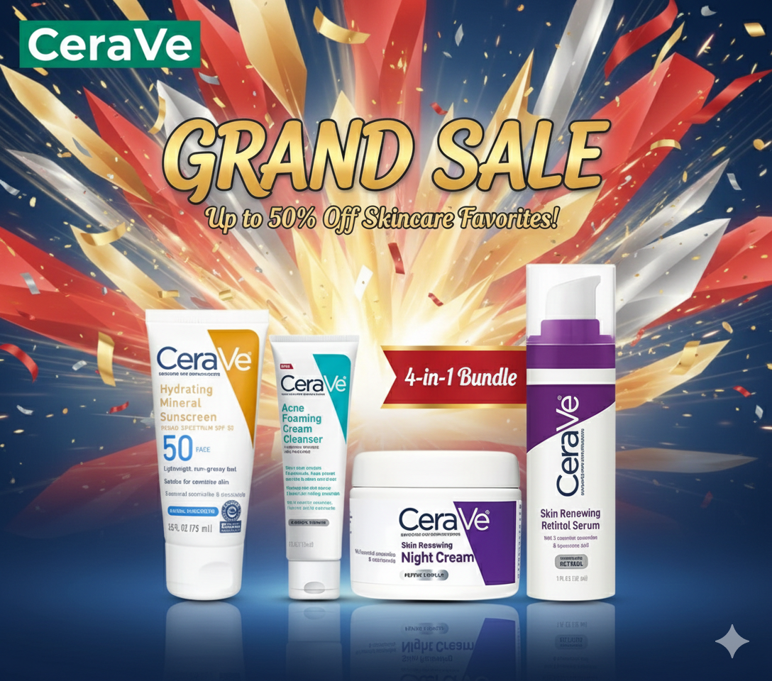 Cerave 4 In 1 Skincare Kit Night Cream, Sunblock, Cleanser & Serum For Radiant Skin